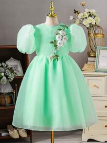 SHEIN Tween Girl Elegant Casual Versatile Puff Sleeve Midi Dress, Organza Floral Hem Decor, Suitable For Outings, Parties In Spring, Summer, Autumn, Girls' Luxury Attire, Princess Style, Wedding Season, Floral/Partial Decoration Design Young Girl Party Dress Young Girls Clothing Easter Dress - Green - View 1