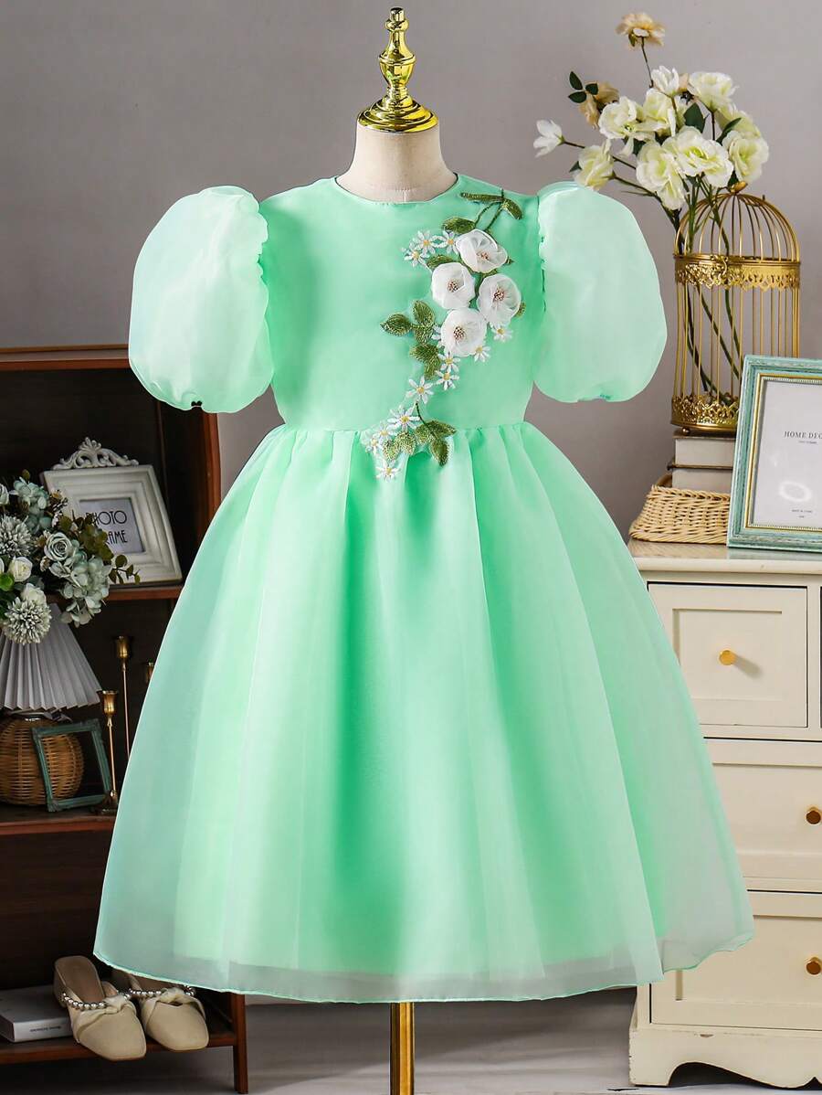 SHEIN Tween Girl Elegant Casual Versatile Puff Sleeve Midi Dress, Organza Floral Hem Decor, Suitable For Outings, Parties In Spring, Summer, Autumn, Girls' Luxury Attire, Princess Style, Wedding Season, Floral/Partial Decoration Design Young Girl Party Dress Young Girls Clothing Easter Dress - Green - View 1