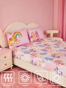 SHEIN X Care Bears 1 tấm ga trải giường mềm mại in hình gấu hoạt hình dễ thương & cầu vồng & mây, nhiều kích cỡ - Nhiều màu - Xem 8