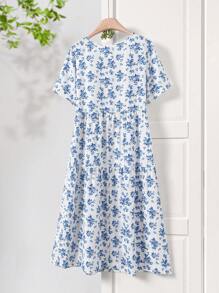 Rusticease Women Floral Allover Print Round Neck Short Sleeve Casual Dress