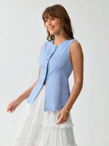 SHEIN LUNE Chaleco vaquero de efecto denim azul casual de verano para festivales de música - Azul - Ver 6