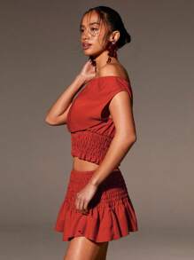 Athîral Women's Solid Colour Bardot Ruched Waist Top - Red - View 4