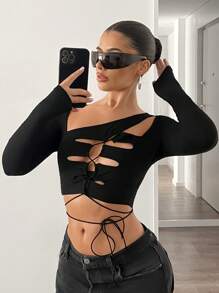 SHEIN ICON Women's Sheer Panel Asymmetrical Cutout Short Black Long Sleeve T-Shirt, Sexy Outdoor Style