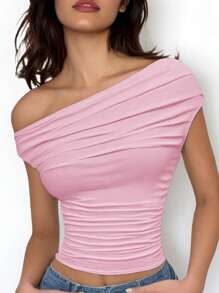 Girlism Teen Girls' Pink Ruched Shoulder Gathered Waist Fitted Knit Asymmetrical Shoulder Sleeveless T-Shirt, Versatile & - Pink - View 3
