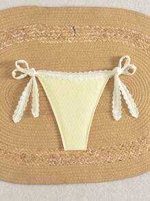 Swim Mod Women Beachwear Summer, New Cute Sweet Bowknot Pure White Lace Trim Bikini, Beach Vacation Swimwear Shorts - Yellow - View 4