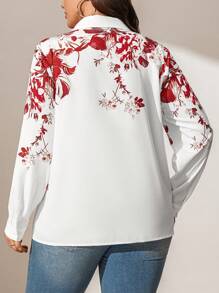 SHEIN LUNE Damen Große Größen Blume Muster, romantischer Urlaubsstil Weißer Blume Muster Langarmhemd, Damenmode für Valentinstag, elegante Mode