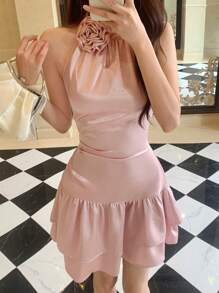 DAZY 3D Floral Decor Halter Satin Satin Cake Design Hollow-Out Backless Ladies Dress For Wedding & Banquet Summer Prom Dress Party Women Sundress