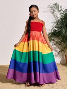 SHEIN Vestido corte A con bloques de color y empalmes para niñas preadolescentes, adecuado para vacaciones de verano y la playa