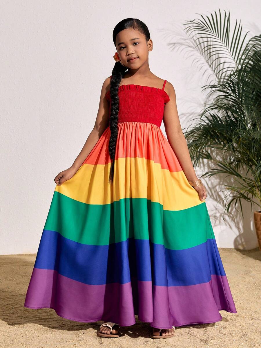 SHEIN Vestido corte A con bloques de color y empalmes para niñas preadolescentes, adecuado para vacaciones de verano y la playa