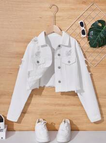 SHEIN 青少年女孩春夏海滩波西米亚风度假白色水洗破洞牛仔裤夹克上衣，女孩夏季音乐会狂欢节街头服饰