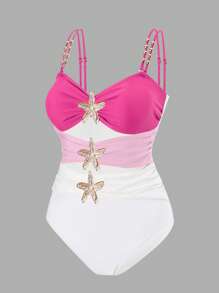 SHEIN Swim Curve Plus Size 1PC Swimsuit, Metallic Accent Minimalist Design, Vacation Beach Outfit For Women For Summer - Multicolor - View 3