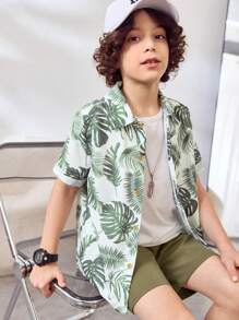 2pcs/Set Tween Boys Vacation Green Leaf Print Short Sleeve Shirt & Military Green Pants - Multicolor - View 3