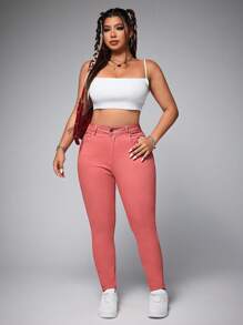 SHEIN EZwear 加大码深色水洗猫爪印花高弹紧身牛仔裤女式夏季节日服装休闲牛仔裤 - 玫紅色 - 查看 5