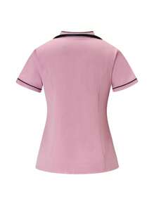 TaskEZ 2pcs Contrast Trim Casual Short Sleeve Top And Solid Color Pants Uniform Set, Scrub Sets - Pink - View 4