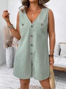 Linhara Plus Size Women Solid Color Button Pocket Jumpsuit