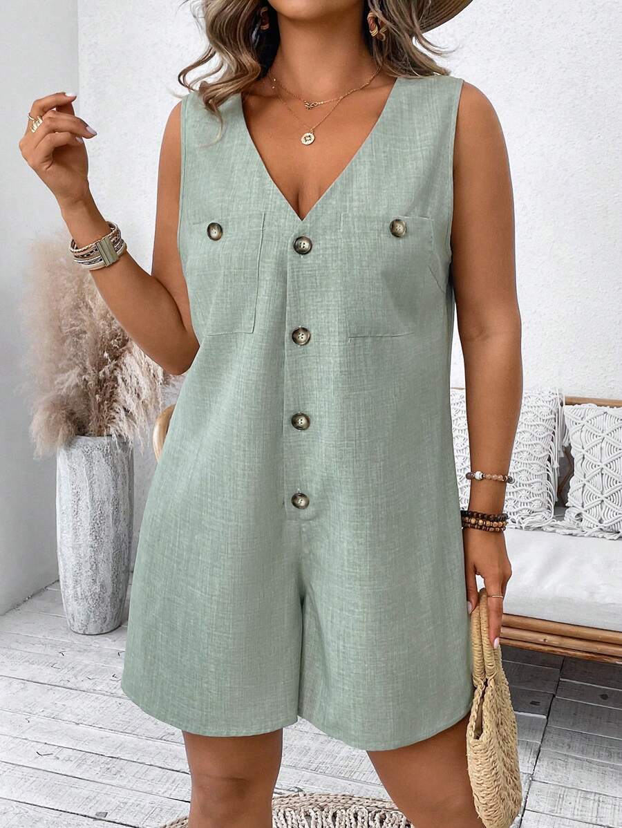 Linhara Plus Size Women Solid Color Button Pocket Jumpsuit