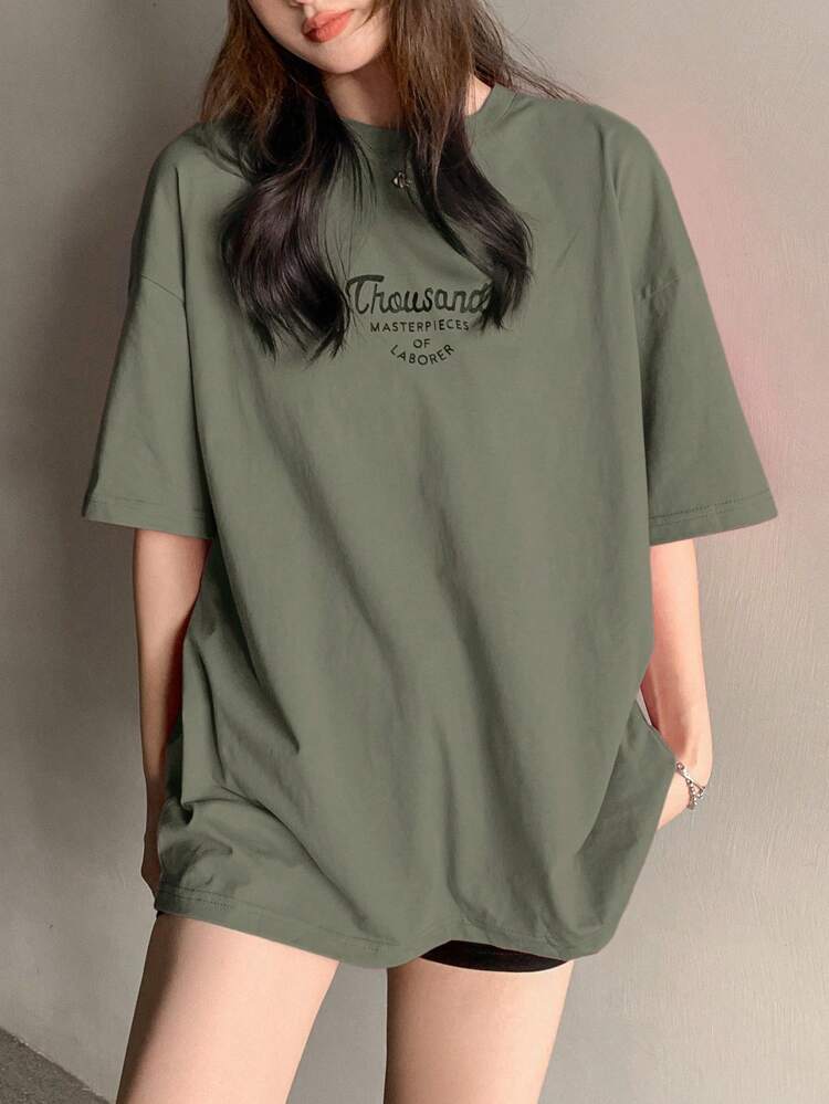 Women's Letter Print Drop Shoulder T-Shirt Thousand MASTERPIECES OF LABORER Summer Oversized T-Shirt