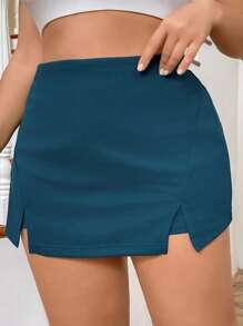 SHEIN Privé 大码高腰开衩裙裤 - 墨綠色 - 查看 3