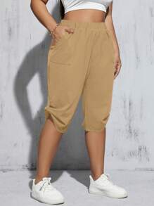 SHEIN Essnce Women's Plus Size Black Capri Pants With Bottom Buttons, Spring/Summer - Khaki - View 1