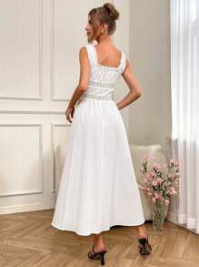 SHEIN VCAY Vestido blanco de verano de unicolor con estilo bohemio, vestido sin mangas con encaje en contraste y volantes, vestido de silueta francesa midi para vacaciones de primavera/verano, vestido de playa blanco para vacaciones, vestido de fiesta de verano para salir de vacaciones - Blanco - Ver 5