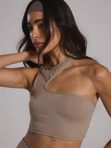 Cut Out Asymmetrical Neck Fitted Crop Top Musera Sport Active ,Padel, Tennis, Pickleball Gym Fitness - Brown - View 2