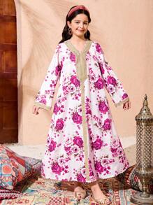 Tween Girl Abaya Kaftan Jalabiya 束腰宽松传统复古印花连衣裙，配有金属饰边 - 玫紅色 - 查看 3