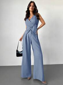 Firerie 节日春夏新款简约优雅日常通勤亚麻色纯色裹腰背心+高腰百褶阔腿裤两件套秋冬套装 - 霧霾藍 - 查看 1