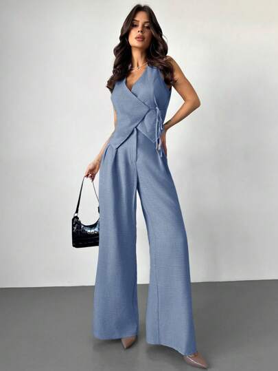 Firerie Festival Spring&Summer New Simple Elegant Daily Commute Linen-Color Solid Wrap Tie Waist Vest & High Waist Pleated Wide Leg Pants Two Pieces Suit In Fall/Winter