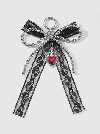 Kawaii 1pc Y2K Elegant & Chic Goth Style Handmade Beaded Silver-Color CCB Black Lace Bow Heart Pierced By Arrow Pendant Key Chain, Suitable For Girls/Women Everyday Wear, Holiday Gift