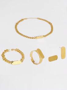 1set Stainless Steel 18K Gold Plated Smooth Chain Necklace Bracelet Earrings Ring Jewelry Set For Women Winter Gifts - Rectangle - View 4