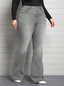 SHEIN Privé Plus Size Women Casual Versatile Denim Flare Jeans With Pockets    Women Summer Outfits Plus Jeans For Women Summer Outfits For Women Festival Outfits Elegant Business Casual Woman - Grey - View 4