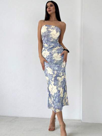 Firerie Elegante vestido ajustado con escote sin tirantes, degradado y malla romántica con estampado de floral acuarelado en malla, con pliegues, adecuado para citas, vacaciones y uso diario, primavera/verano