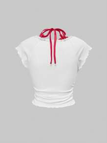 ROMWE Kawaii 樱桃刺绣格子拼布蝴蝶结装饰女式夏季 T 恤 - 白色 - 查看 2
