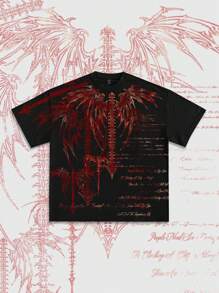 ROMWE MEN Goth 男式哥特式图案印花圆领短袖休闲 T 恤，万圣节 - 黑色 - 查看 2