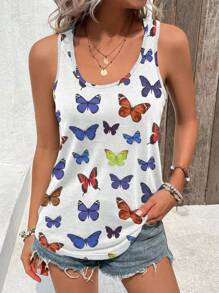 INAWLY Butterfly Print Sleeveless Casual Tank Top, Suitable For Daily Wear