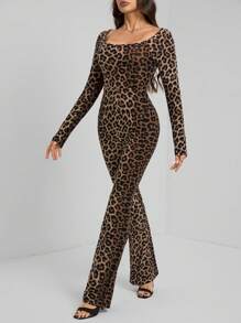 SHEIN Tall Women's Autumn Leopard Print Square Neck Long Sleeve Flared Fashion Jumpsuit