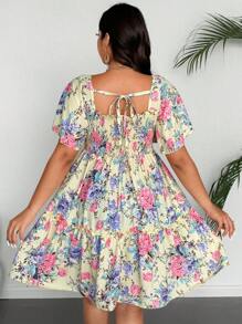 Flirla Plus Size Women Floral Print Shirred Ruffle Short Sleeve Fashion Dress For Summer - Multicolor - View 2