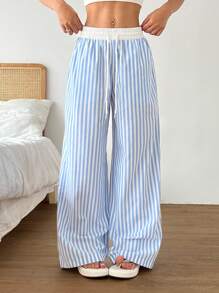 SHEIN EZwear Women's Drawstring Waist Striped Wide Leg Loose Casual Pants, Versatile