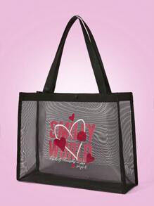 SmileyWorld® | SHEIN Bolso de mano grande con estampado de letras y corazones para mujer - Negro - Ver 3