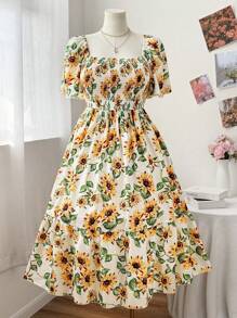 Sunnyshic Vestido A-Line de mujer de talla grande con estampado de girasol y mangas con volantes, elegante vestido de verano para vacaciones y playa