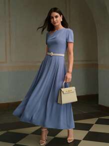 ZEYLAH 1pc Women's Elegant Asymmetrical Shoulder Maxi Dress, Simple & Fashionable, Suitable For Summer