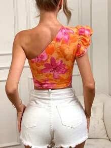 SHEIN VCAY 女士单肩针织印花短款修身 T 恤，上衣适合春夏度假