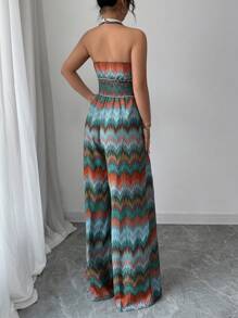 Elenzga V-Neck Halter Waist Elastic Drawstring Jumpsuit, Vacation Style