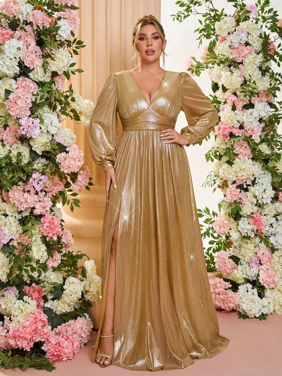 SHEIN Belle Vestido de noche formal de tela metálica con escote en V profundo en color dorado, para invitada de boda, fiesta, vestido de gala, talla grande - Champán - Ver 1
