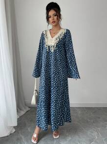 Al Najma 女士碎花对比蕾丝长袖阿拉伯传统连衣裙，端庄的长袍 - 藍色 - 查看 5
