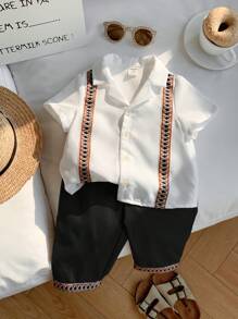 SHEIN 2 件套婴儿套装：条纹领短袖开衫上衣和松紧腰裤，适合男婴和女婴 - 黑與白 - 查看 6