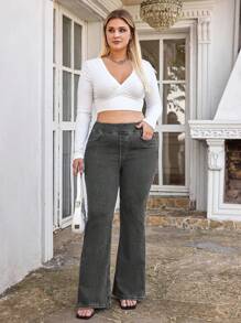 EURMUSE 98% bomull plus jeans med hög midja i utsvängda ben