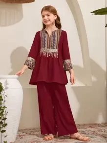 SHEIN Leap Crew Tween Girl Loose Modest Holiday Floral Spliced Collar Shirt And Relaxed Pants 2 Pieces Set - Burgundy - View 2