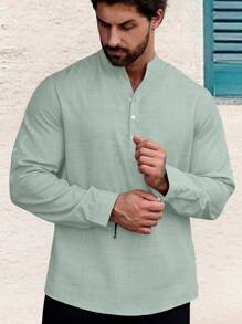 Manfinity Homme 男式宽松半扣卷袖衬衫 - 綠色 - 查看 3