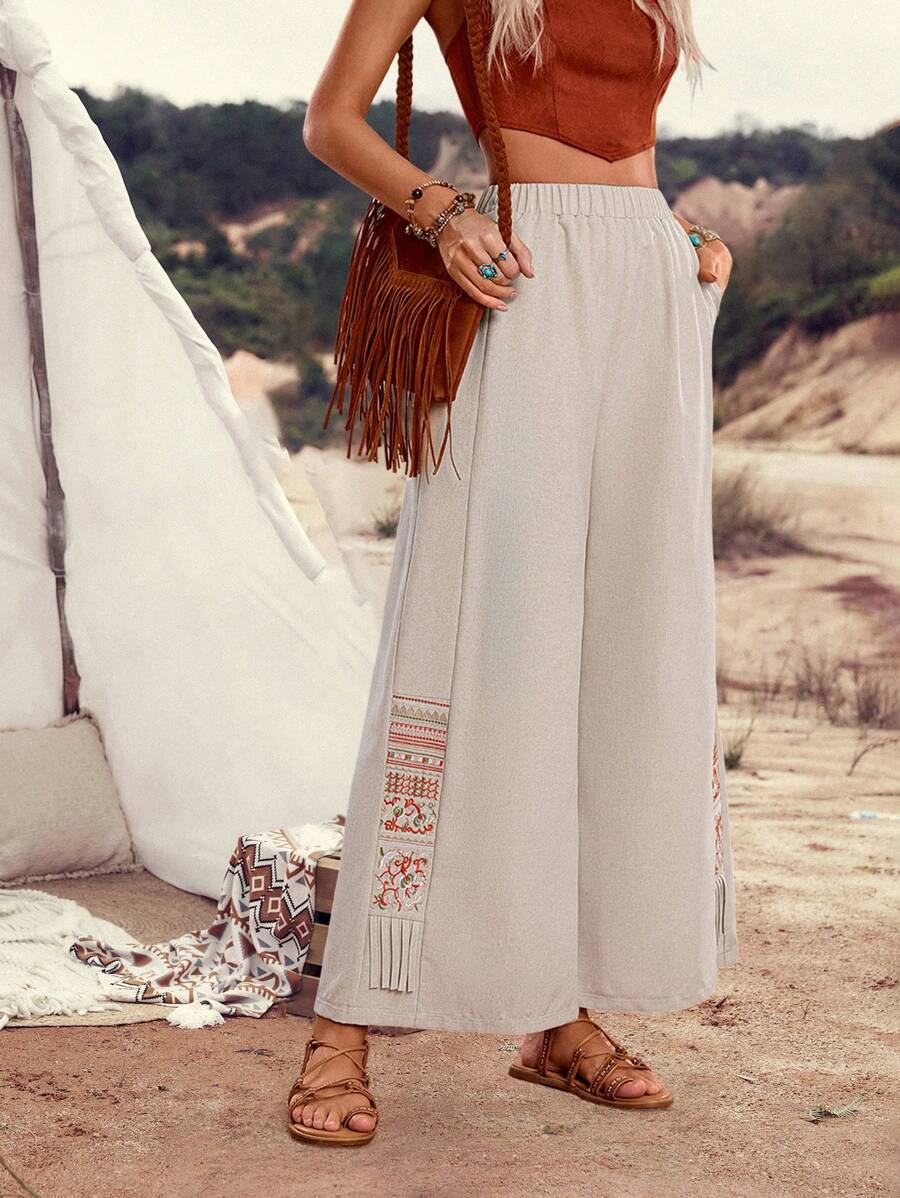 LanaWest Calça Longa Casual de Campo Bordada Corte em H de Cor Sólida para Férias - Bege - Visão 1